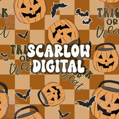 Trick or Treat Seamless Pattern Digital Design Download, Halloween seamless pattern, pumpkin buckets seamless pattern, checkers seamless