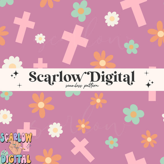 Flowers and Crosses Seamless Pattern-Easter Sublimation Digital Design Download-girly easter seamless pattern, boho seamless patterns