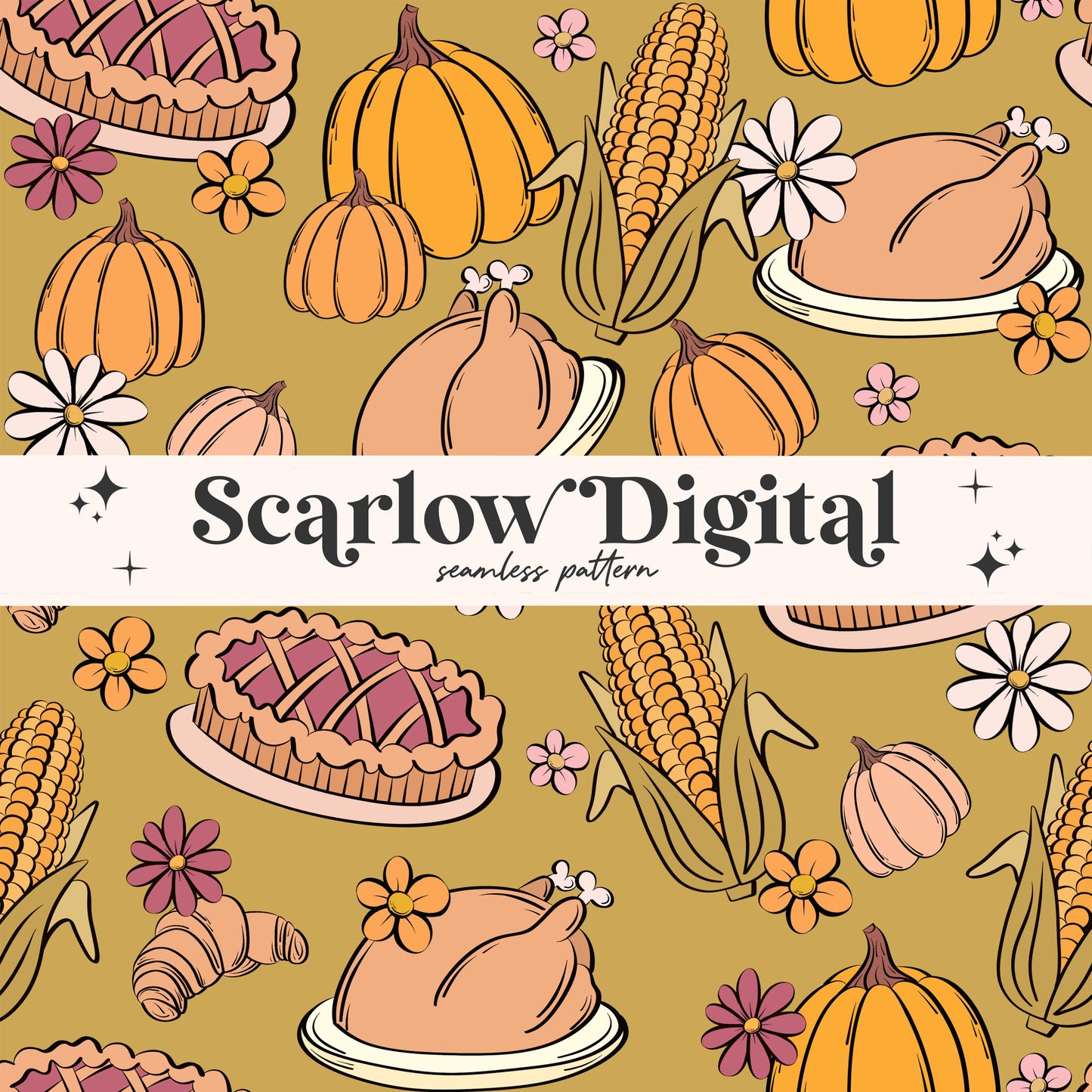 Thanksgiving Food Seamless Pattern-Fall Sublimation Digital Design Download-pumpkins seamless, pie seamless, turkey seamless, floral seam