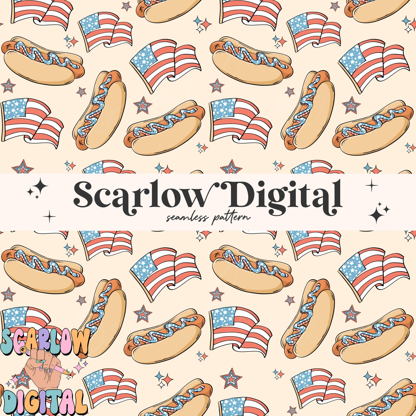 Patriotic Hot Dogs Seamless Pattern Digital Design Download, july 4th seamless pattern, summer seamless, american flag seamless pattern