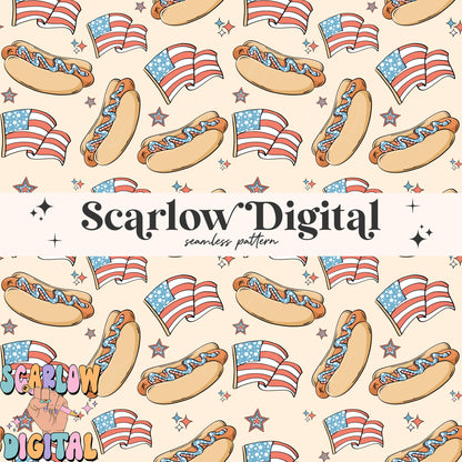 Patriotic Hot Dogs Seamless Pattern Digital Design Download, july 4th seamless pattern, summer seamless, american flag seamless pattern