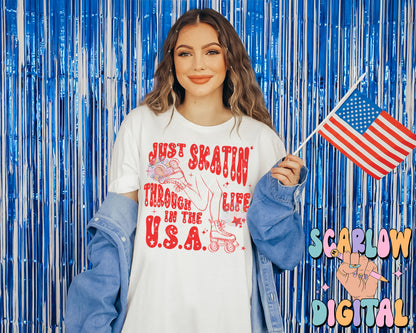 Just Skatin' Through Life in the USA PNG Fourth of July Digital Design Download, patriotic png, july 4th png, america png, single color png