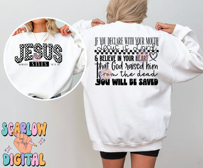 Jesus Saves Front and Back PNG Digital Design Download, amen png, romans png, christian png, prayer png, bible verse png, single color png