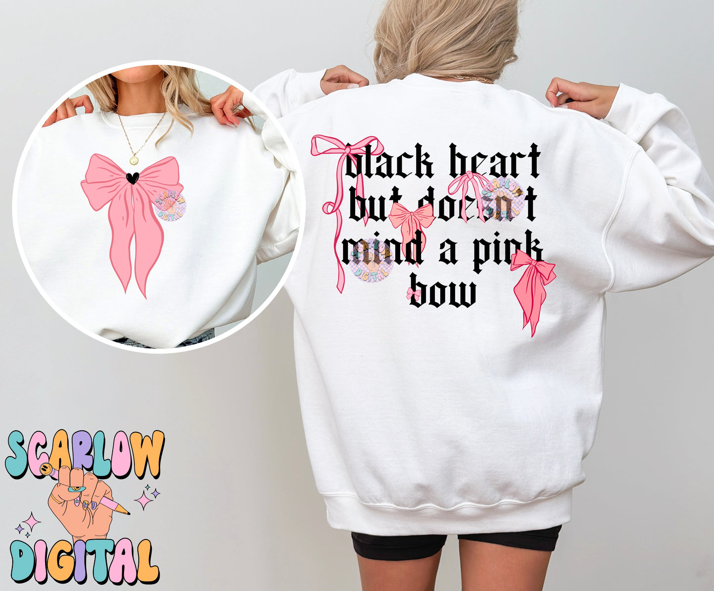 Black Heart But Doesn't Mind a Pink Bow Front and Back PNG Bundle Digital Design