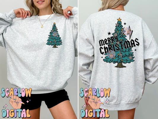 Merry Christmas Rocker Tree Front and Back PNG Digital Design Download, checkered christmas, rocker christmas, boy christmas designs