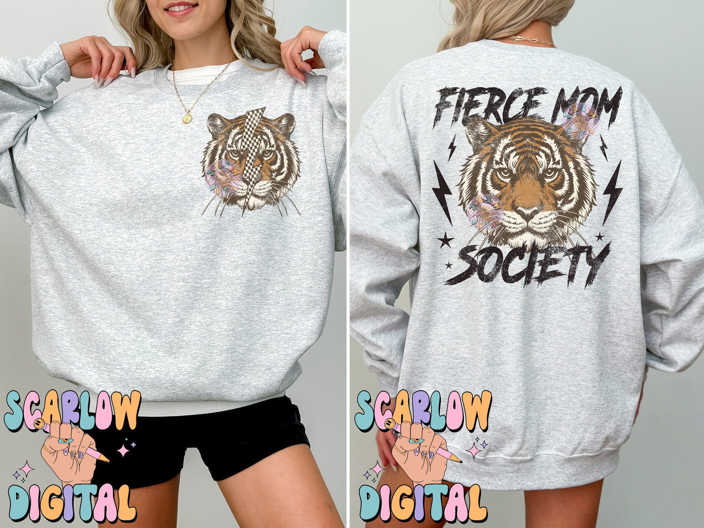 Fierce Mom Society PNG Front and Back Bundle Digital Design Download, tiger png, checkers png, edgy png, png for moms, rocker mama png