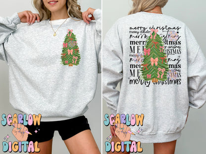 Merry Christmas Front and Back PNG Bundle Digital Design, christmas bows png, christmas tree png, coquette christmas png, happy holidays png, trendy christmas png