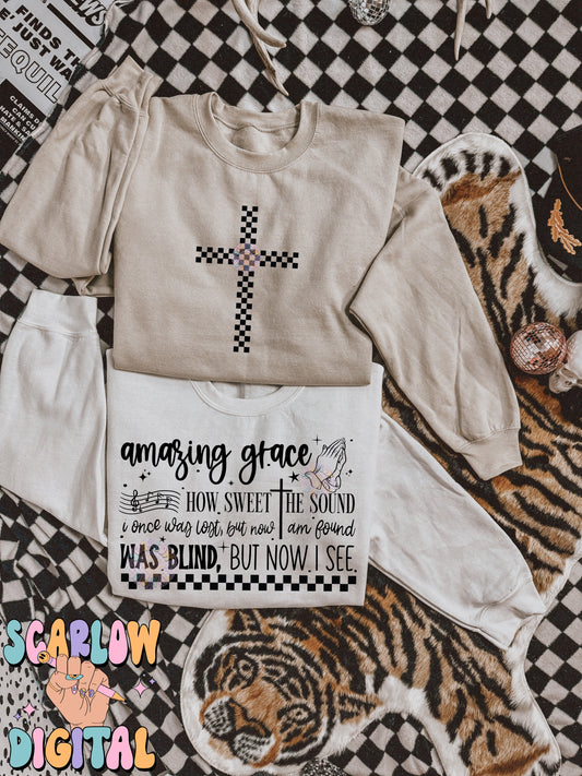 Amazing Grace Front and Back PNG Bundle Digital Design Download, checkered cross png, pocket png, christian png, bible verse png, church png