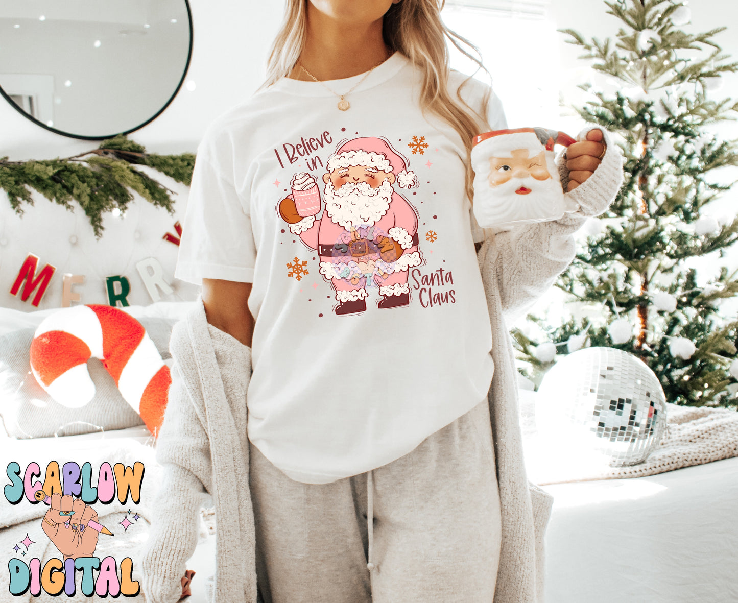 I Believe in Santa Claus PNG Digital Design Download, preppy christmas png, coquette christmas, pink christmas, girl christmas designs