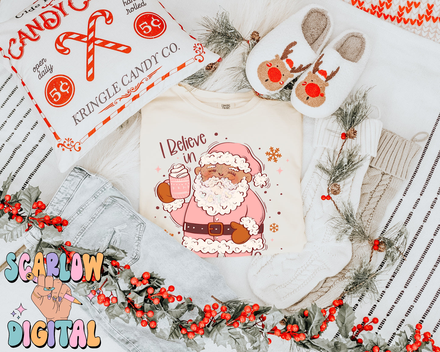 I Believe in Santa Claus PNG Digital Design Download, preppy christmas png, coquette christmas, pink christmas, girl christmas designs