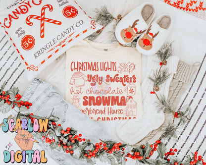 Christmas Things PNG Digital Design, christmas lights, snowman, merry christmas, trendy designs, single color christmas, hot cocoa png design