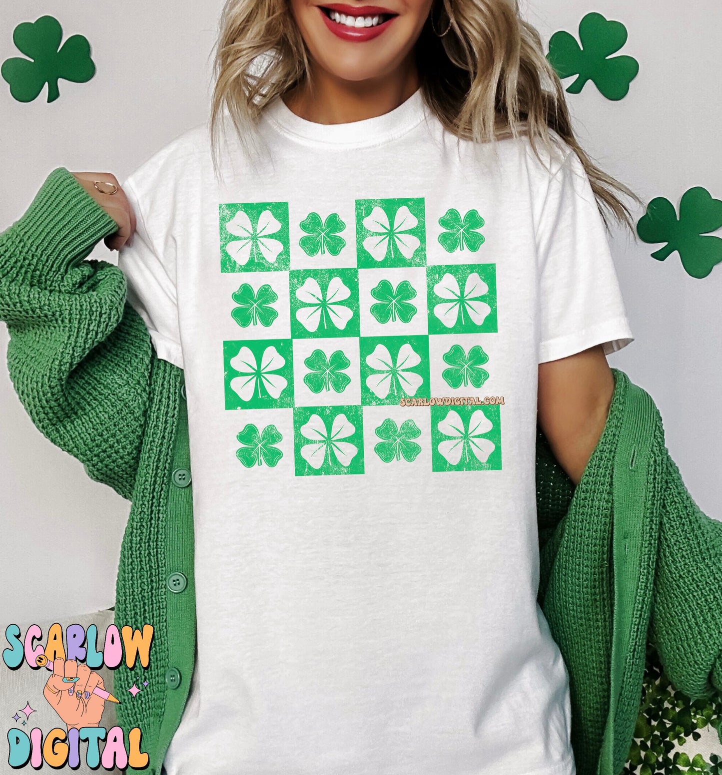 Checkered Clovers PNG Digital Design