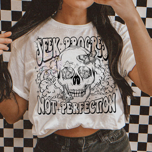 Seek Progress Not Perfection PNG Digital Design Download, skull png, skeleton png, celestial png, self care png, butterfly png, mushroom png