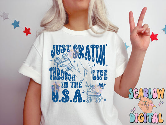 Just Skatin' Through Life in the USA PNG Fourth of July Digital Design Download, patriotic png, july 4th png, america png, single color png