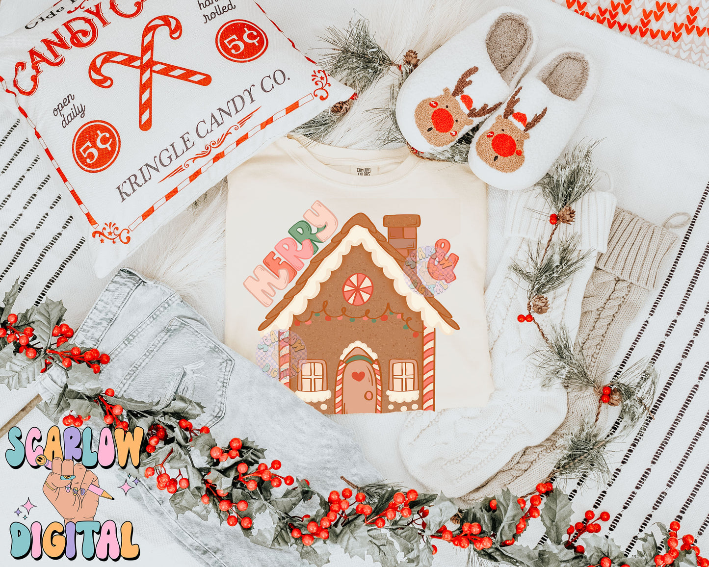 Merry & Bright PNG Digital Design Download, Gingerbread house png, Christmas png design, traditional christmas png, kids png, trendy png