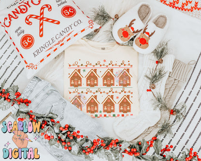 Gingerbread Houses PNG Digital Design Download, sweater pattern png, Christmas sweater png design, checkers png, christmas lights png design