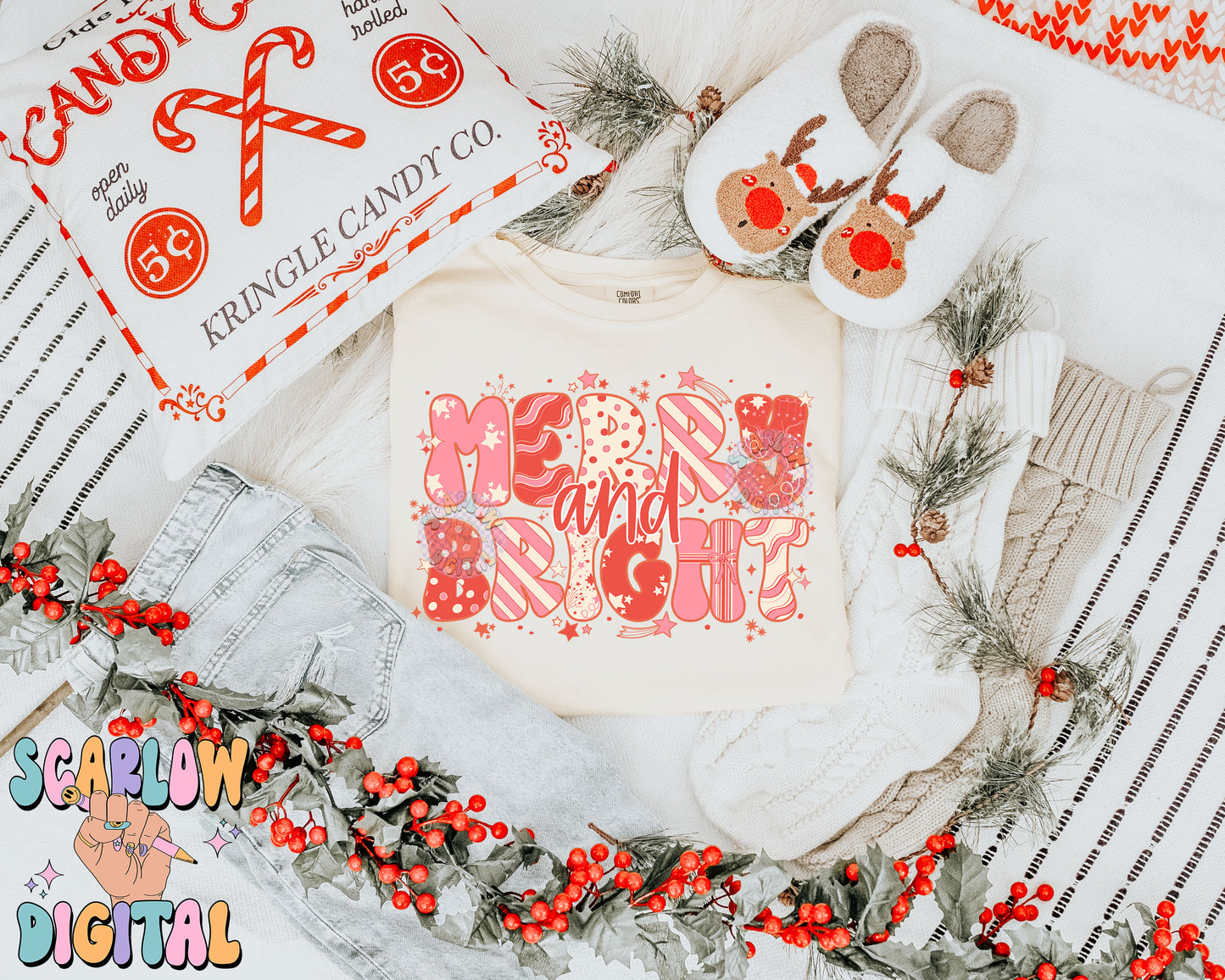 Merry and Bright PNG Digital Design Download, preppy christmas designs, candy cane png, girly christmas png, coquette christmas designs