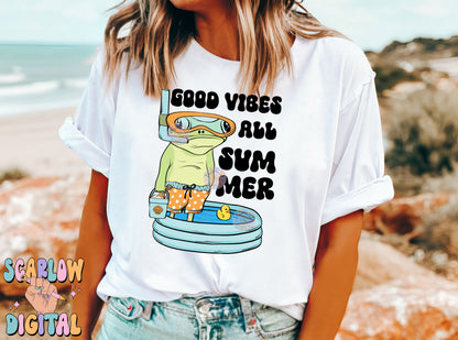 Good Vibes All Summer PNG-Funny Sublimation Digital Design Download-frog png, swim png, pool png, kids png, boy summer png, summertime png