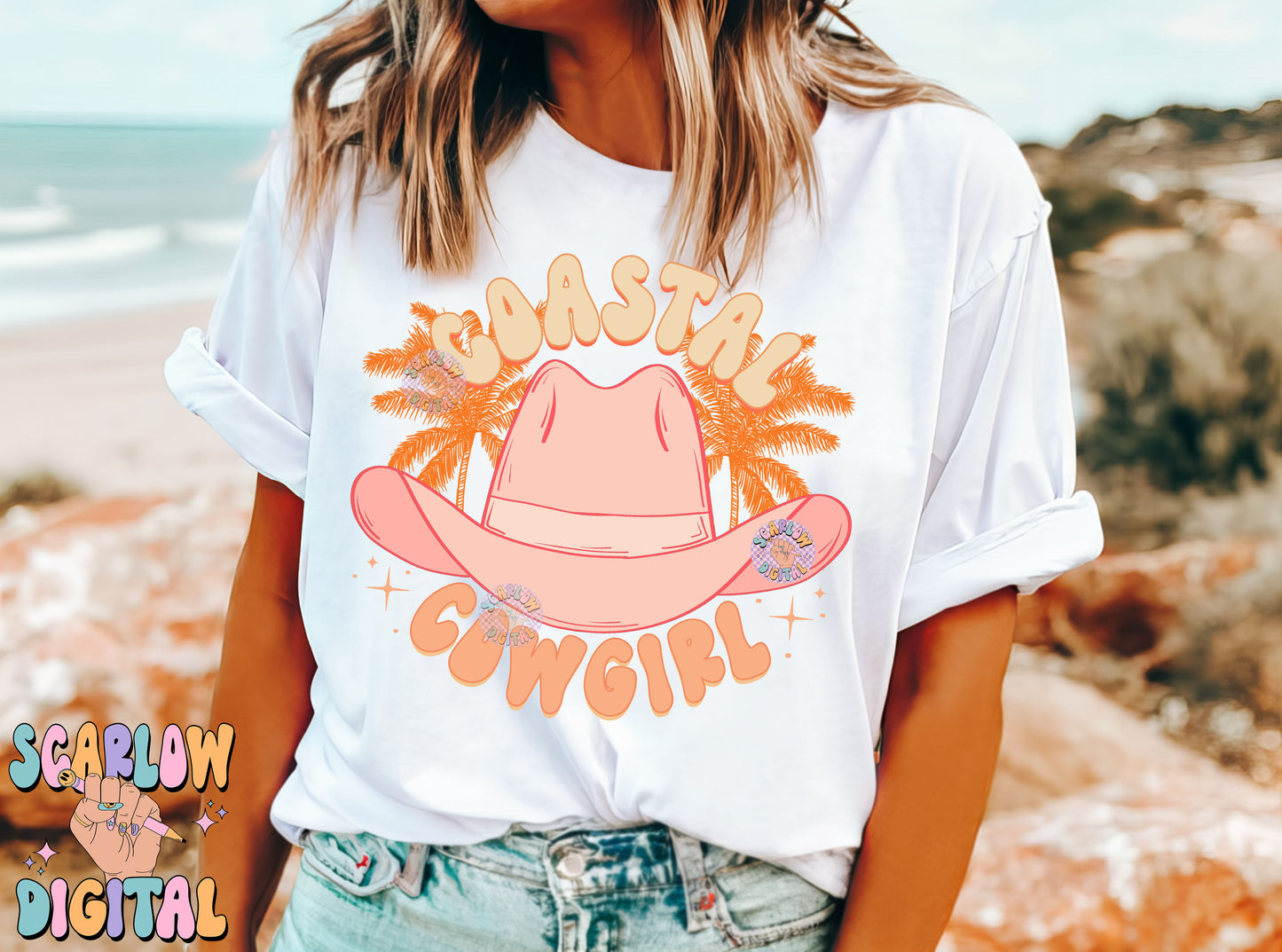 Coastal Cowgirl PNG Digital Design Download, cowgirl hat png, palm trees png, summer tshirt png, beachy png prints, trendy digital prints