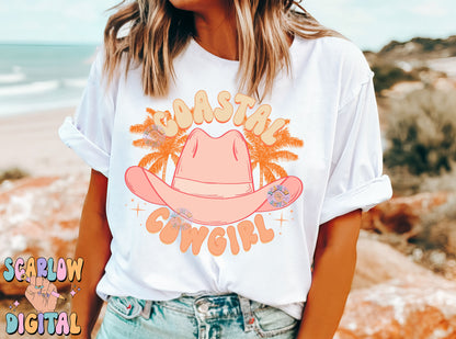 Coastal Cowgirl PNG Digital Design Download, cowgirl hat png, palm trees png, summer tshirt png, beachy png prints, trendy digital prints