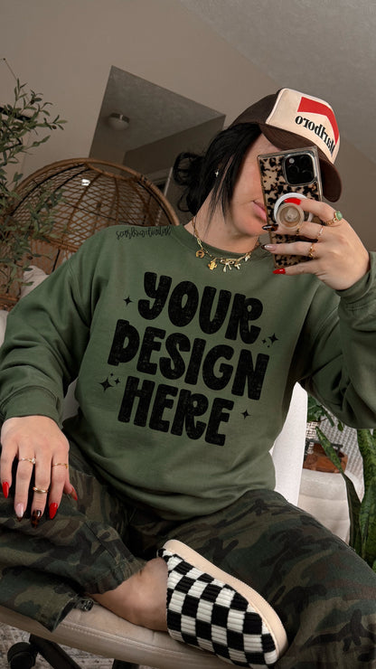 Military Green Gildan - Unisex Heavy Blend Crewneck Sweatshirt 18000 Mockup