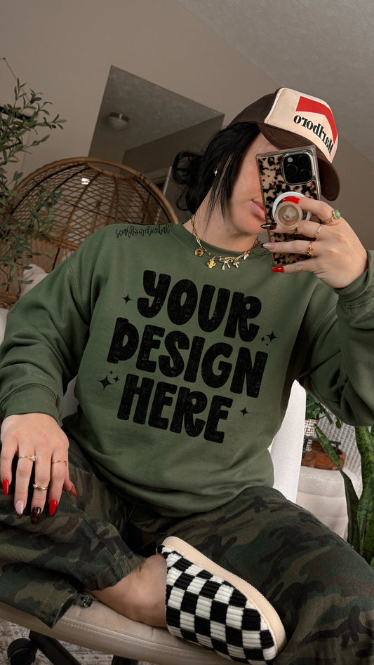 Military Green Gildan - Unisex Heavy Blend Crewneck Sweatshirt 18000 Mockup