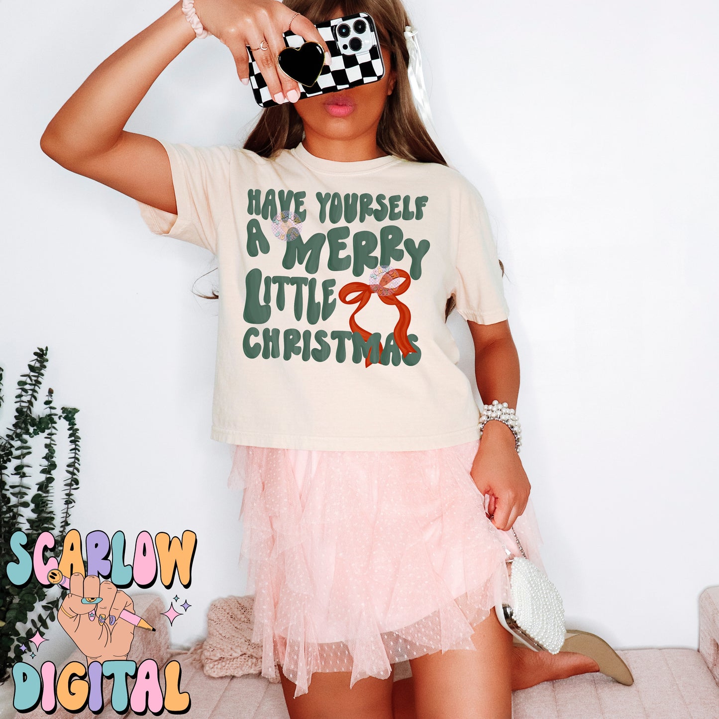 Merry Little Christmas PNG Digital Design, coquette christmas png, christmas bows png, girly christmas designs, traditional christmas design