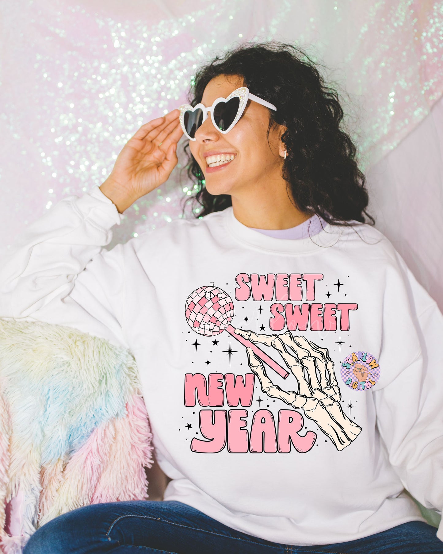 Sweet Sweet New Year PNG Sublimation Digital Design Download, disco ball png, skeleton png, skull png, sucker png, girly new years png file