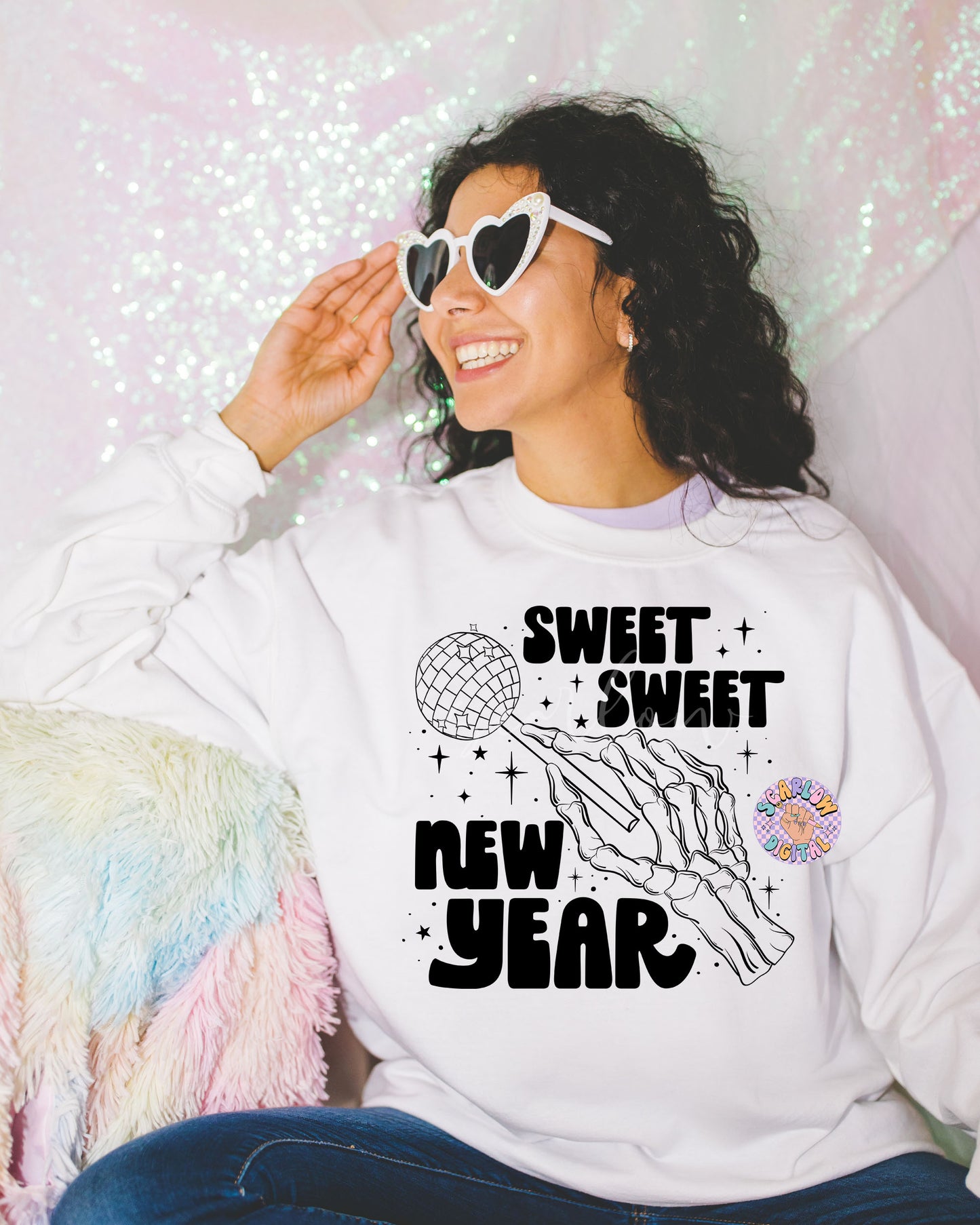 Sweet Sweet New Year PNG Sublimation Digital Design Download, disco ball png, skeleton png, skull png, sucker png, girly new years png file