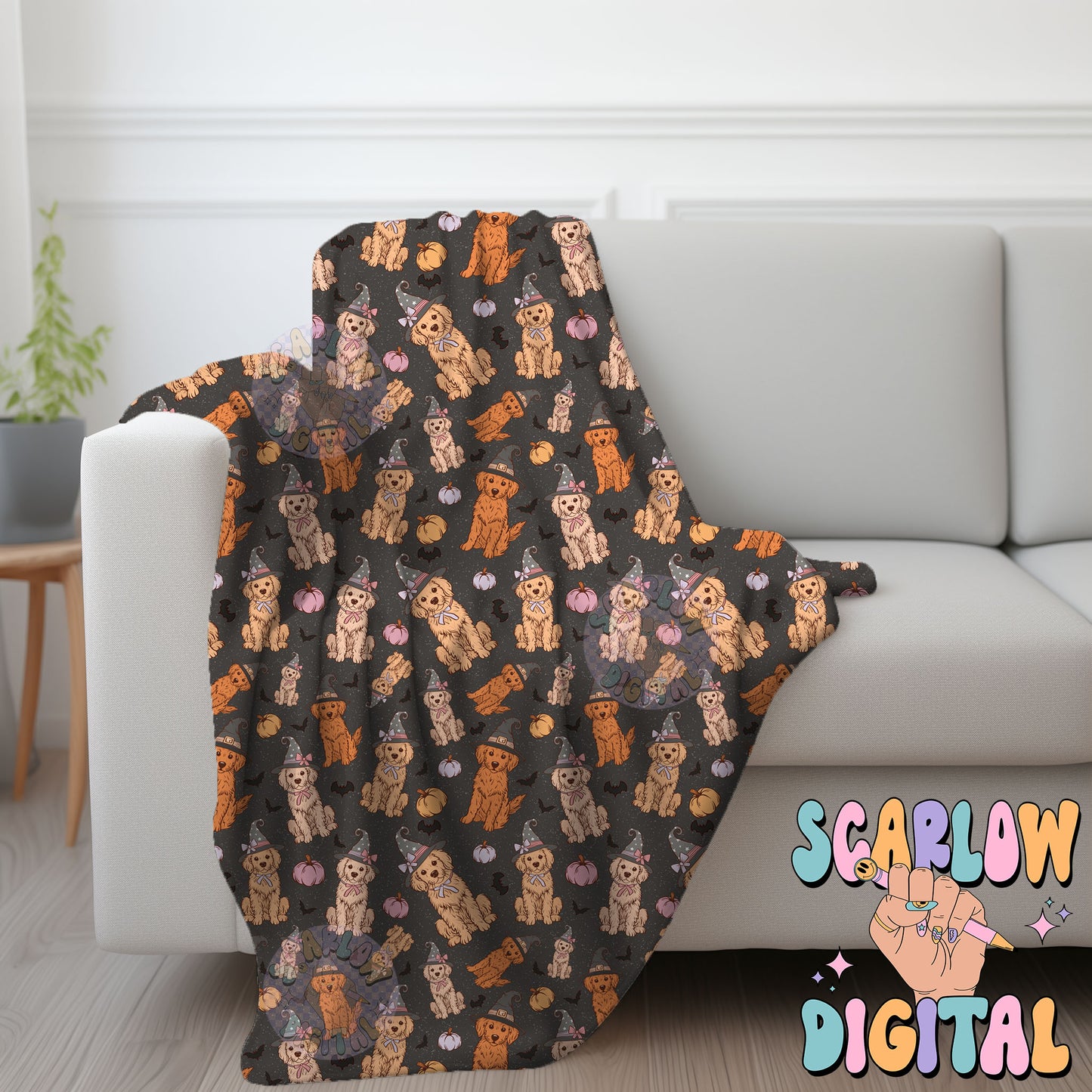 Spooky Dogs Seamless Pattern Digital Design Download, Halloween seamless pattern, fall seamless, golden retriever seamless, spooky season