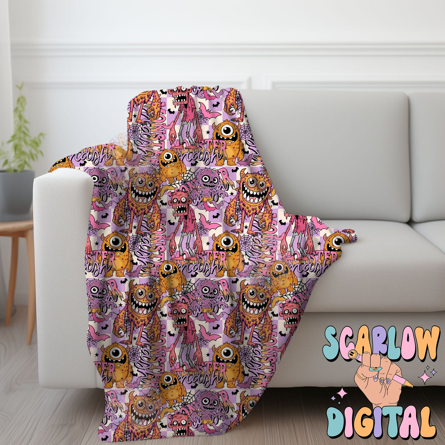 Monsters Seamless Pattern Digital Design Download, Halloween seamless pattern, spooky season seamless pattern, girl seamless pattern design