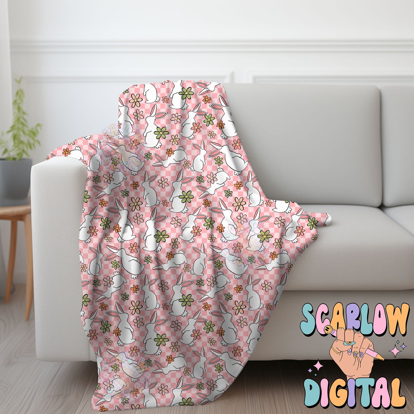 Floral Easter Bunny Seamless Pattern-Easter Sublimation Digital Design Download-checkered easter seamless pattern, girly easter seamless