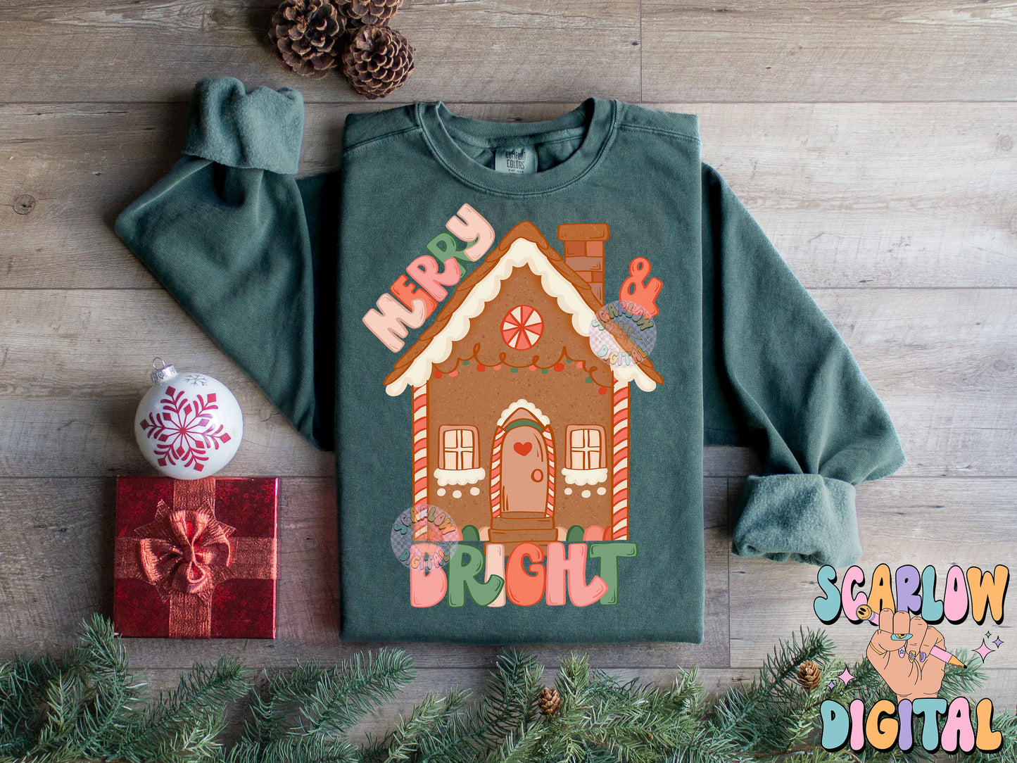 Merry & Bright PNG Digital Design Download, Gingerbread house png, Christmas png design, traditional christmas png, kids png, trendy png