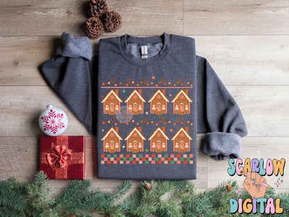 Gingerbread Houses PNG Digital Design Download, sweater pattern png, Christmas sweater png design, checkers png, christmas lights png design