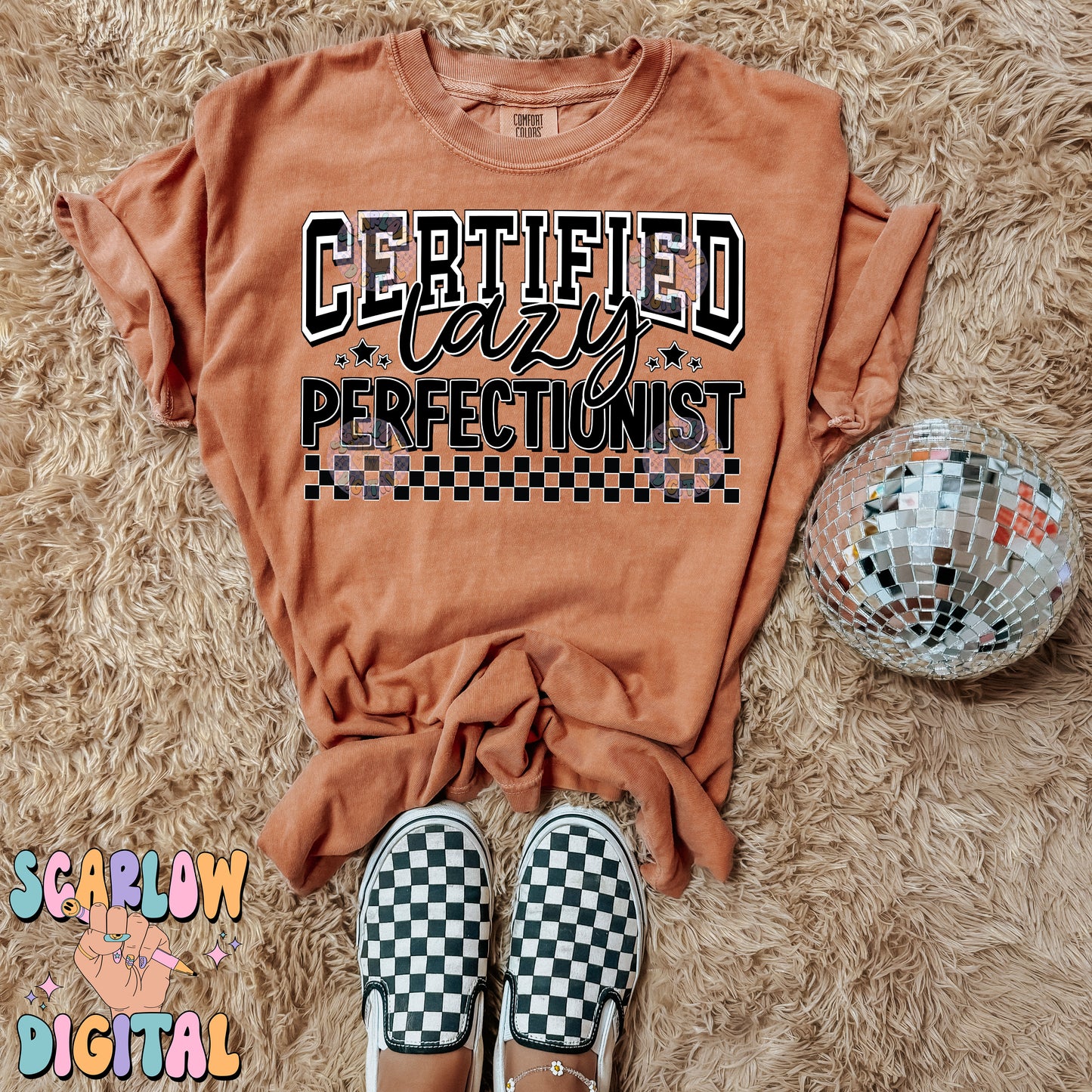 Certified Lazy Perfectionist PNG Digital Design Download, retro png, funny png, adult humor png, sarcasm png, checkers png, grunge png