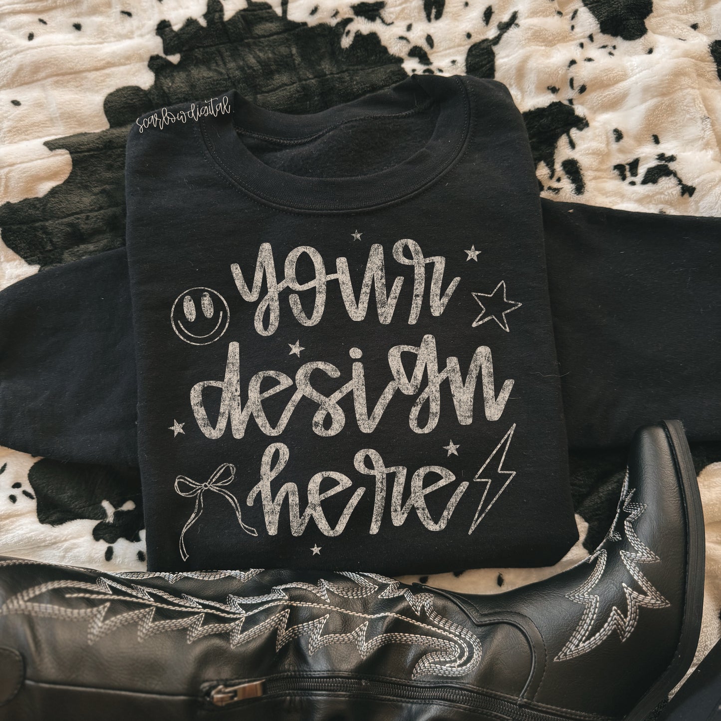 Black Gildan Sweatshirt Mockup with Black Boots and Cowhide