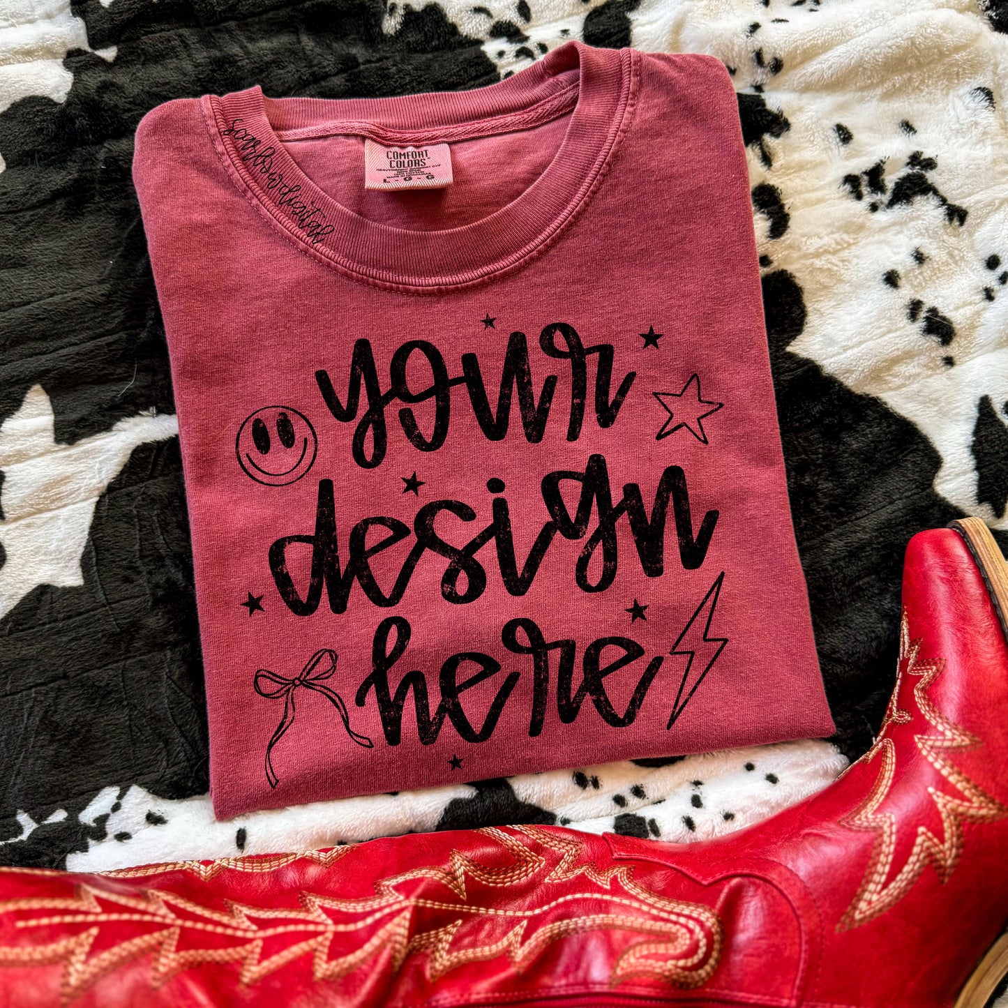 Crimson Comfort Colors T-Shirt Mockup with Red Boots and Cowhide
