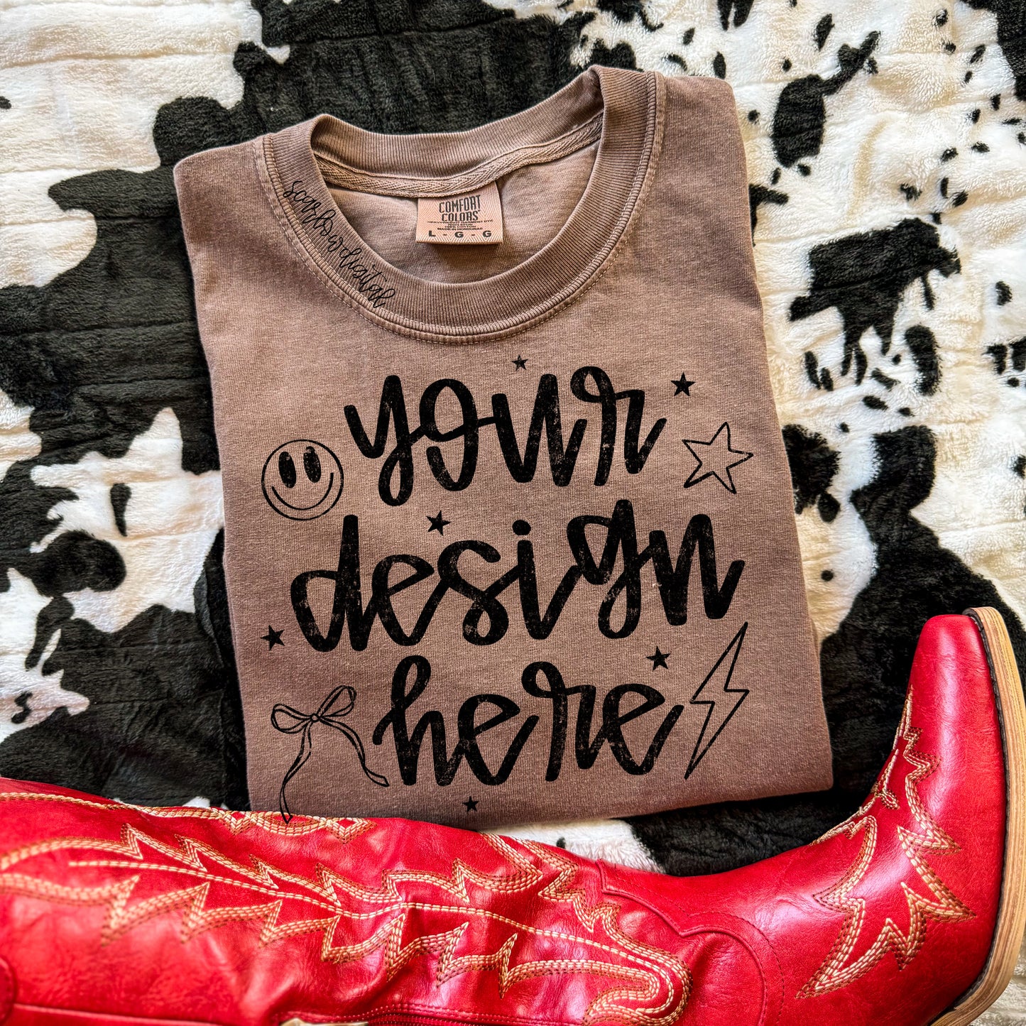 Espresso Comfort Colors T-Shirt Mockup with Red Boots and Cowhide