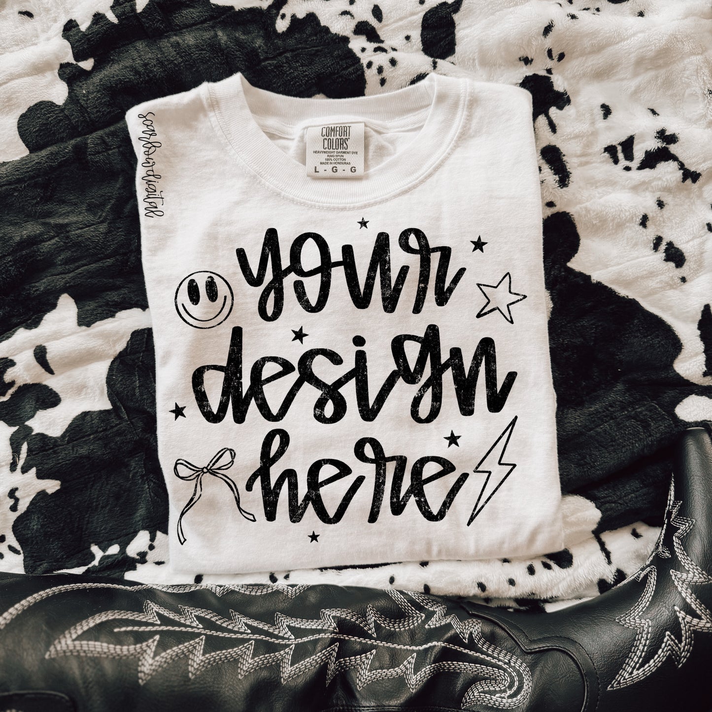 White Comfort Colors T-Shirt Mockup with Black Boots and Cowhide