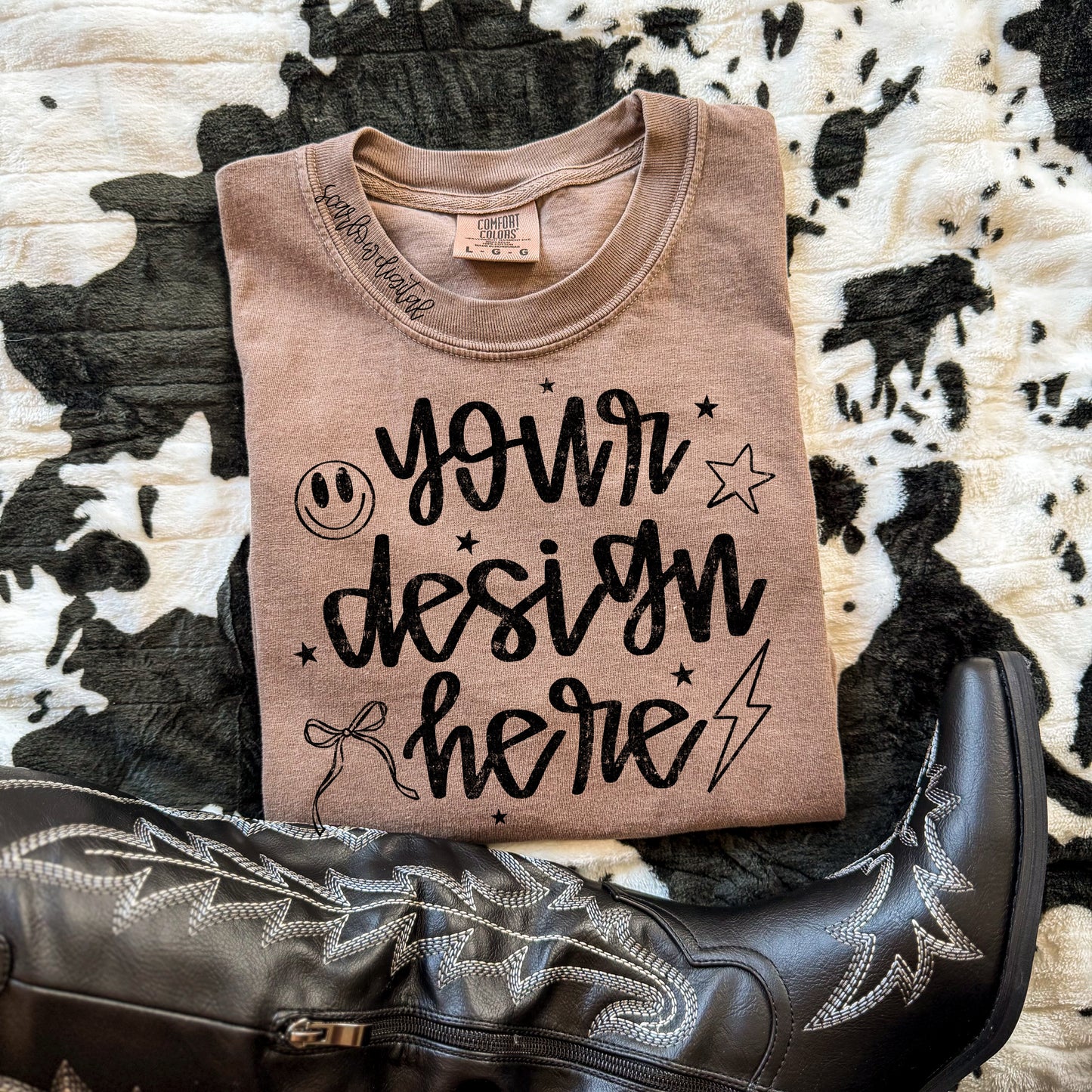 Espresso Comfort Colors T-Shirt Mockup with Black Boots and Cowhide