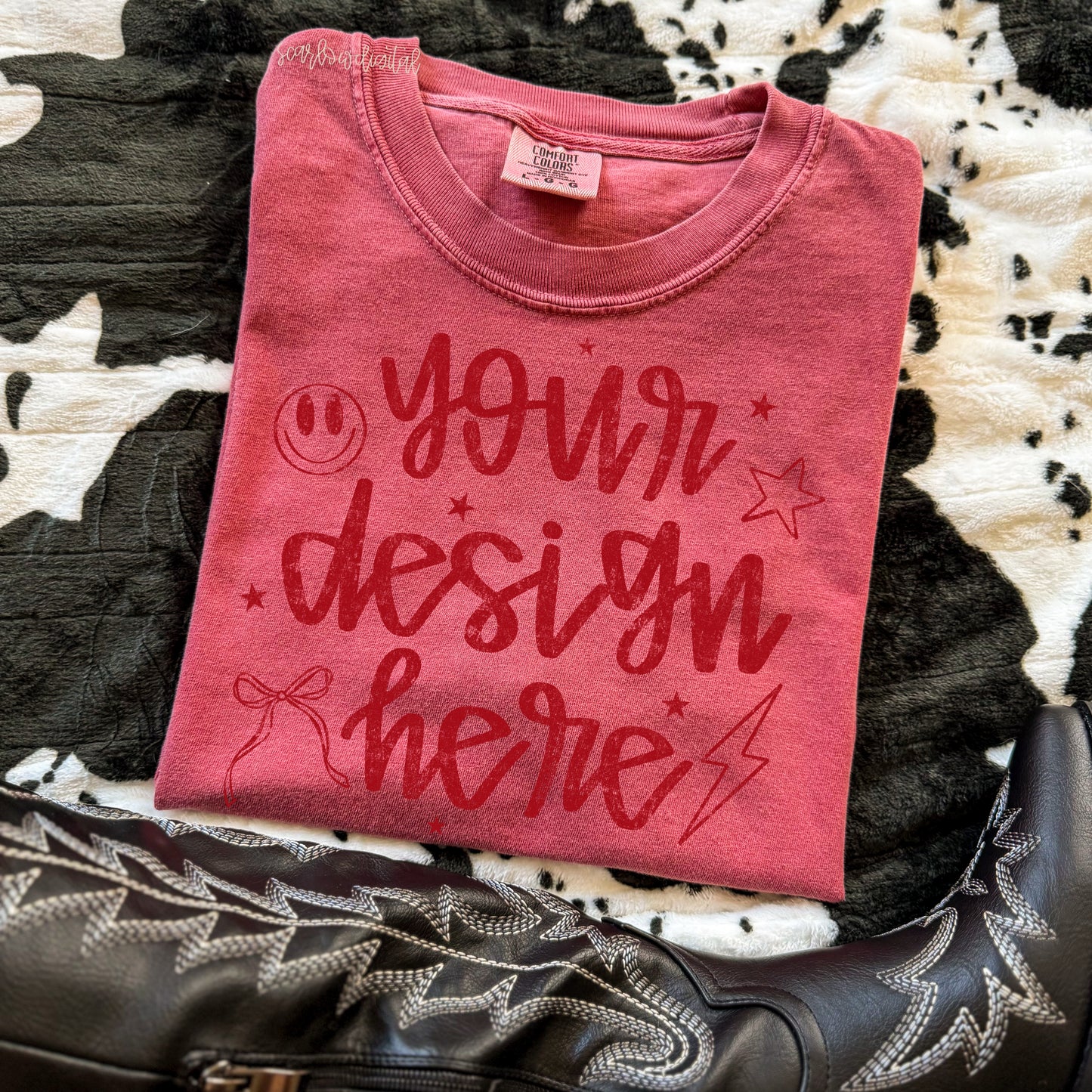 Crimson Comfort Colors T-Shirt Mockup with Black Boots and Cowhide