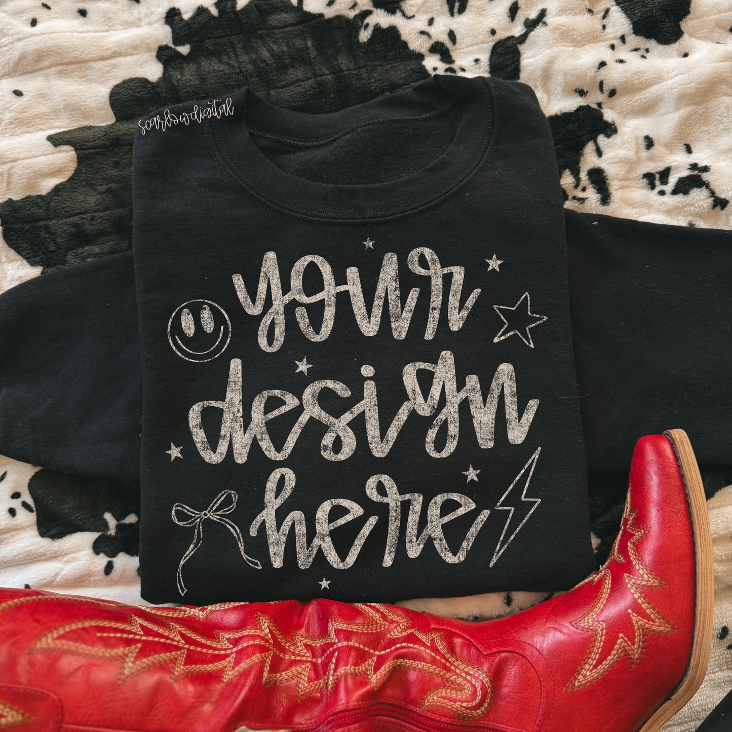 Black Gildan Sweatshirt Mockup with Red Boots and Cowhide