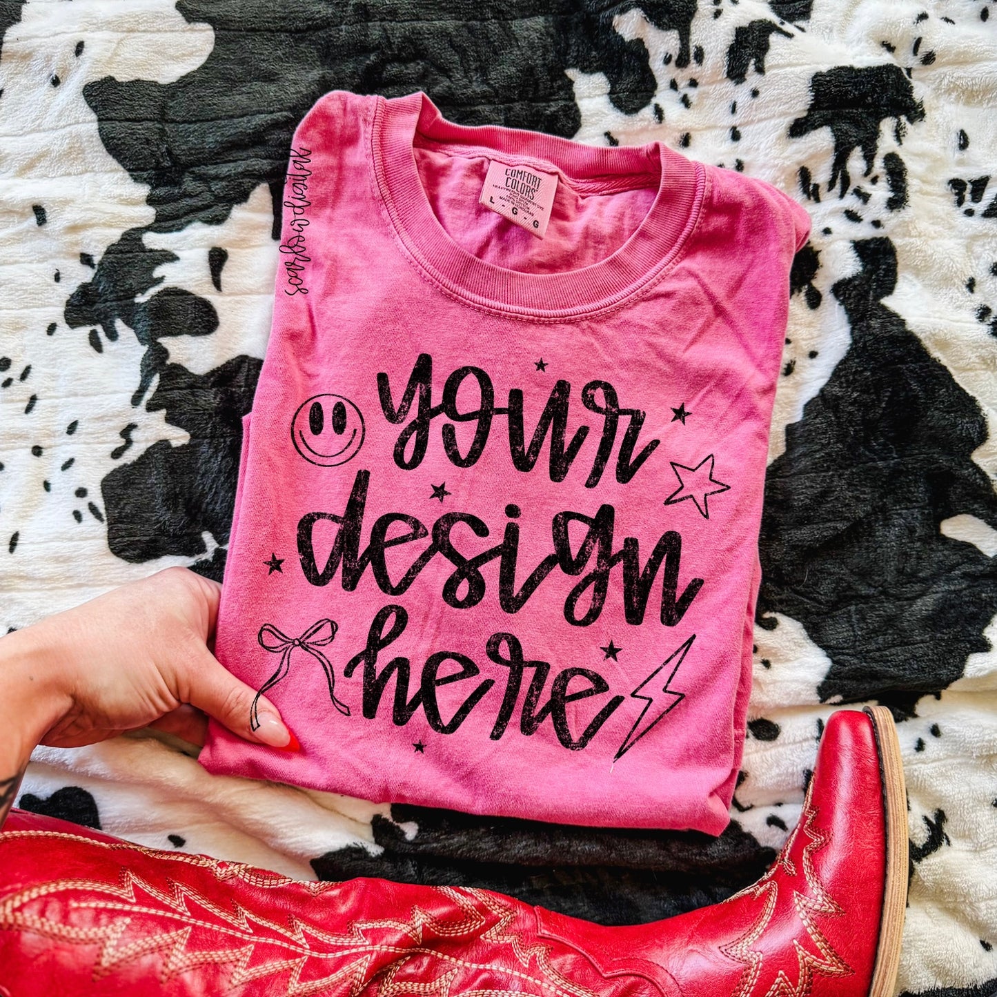 Crunchberry Comfort Colors T-Shirt Mockup with Red Boots and Cowhide