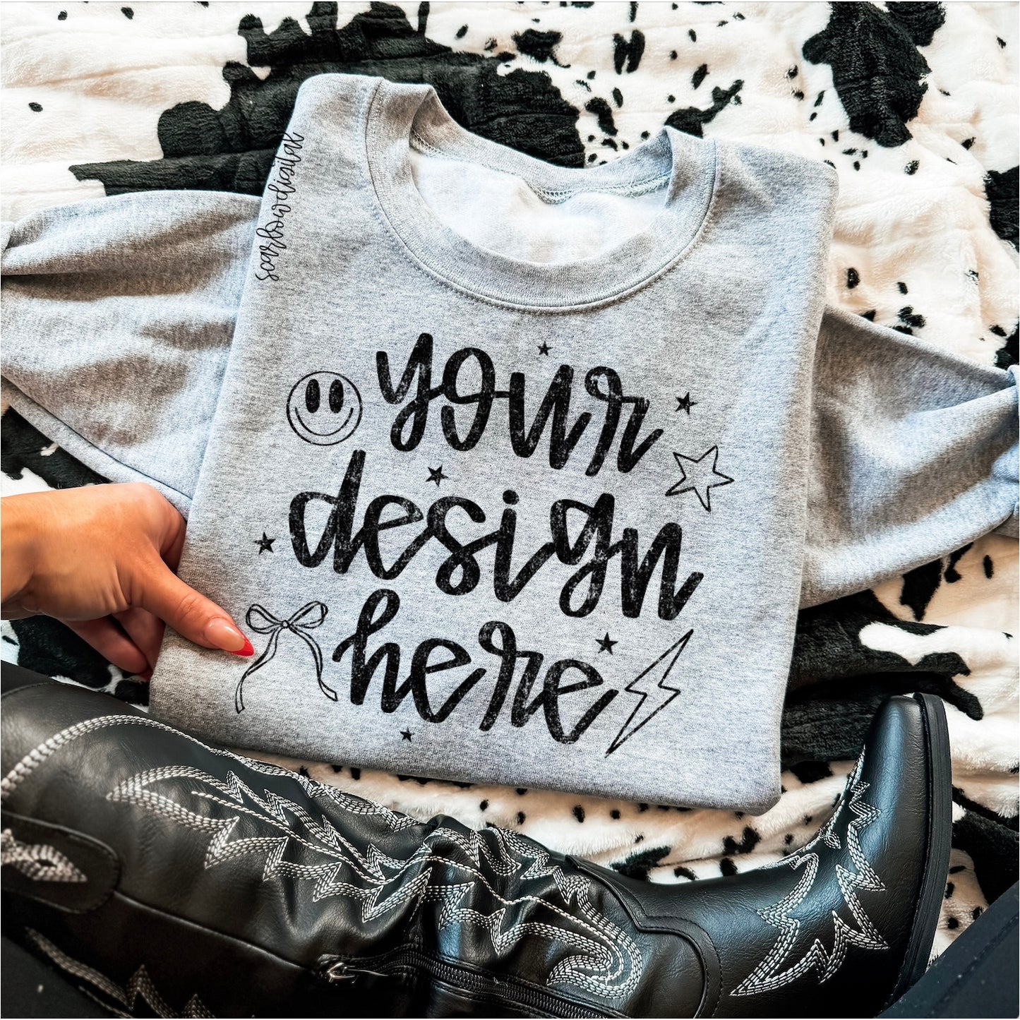 Grey Gildan Sweatshirt Mockup with Black Boots and Cowhide