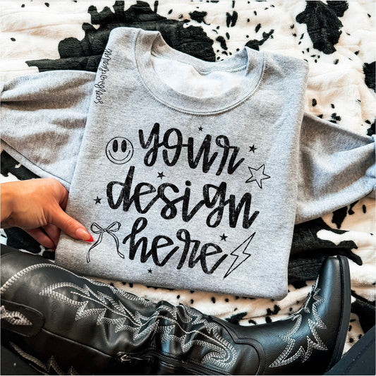 Grey Gildan Sweatshirt Mockup with Black Boots and Cowhide