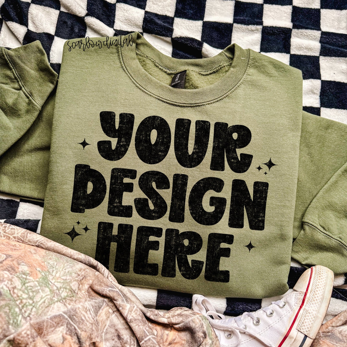 Military Green Gildan - Unisex Heavy Blend Crewneck Sweatshirt 18000 Mockup