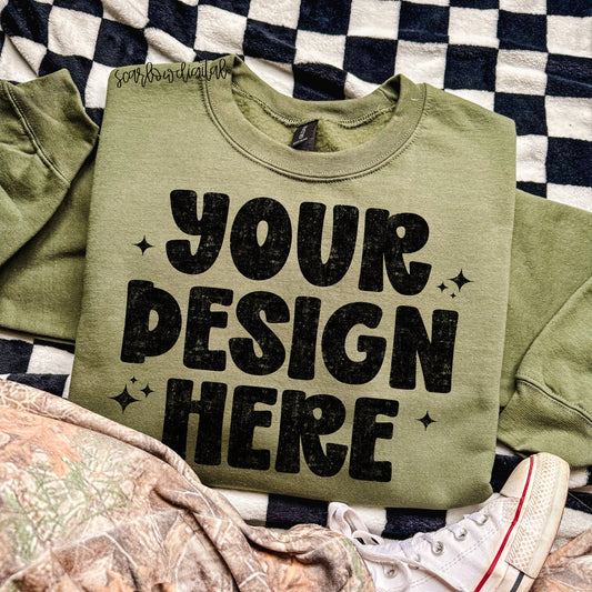 Military Green Gildan - Unisex Heavy Blend Crewneck Sweatshirt 18000 Mockup