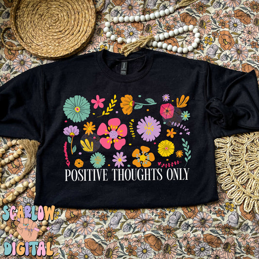 Positive Thoughts Only PNG Digital Design Download, doodle flowers png, motivation png, positivity png, self love png, mental health png