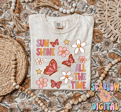 Sunshine All The Time PNG Digital Design Download, flowers png, butterfly png, stars png, little girl png, boho png, retro png, trendy png