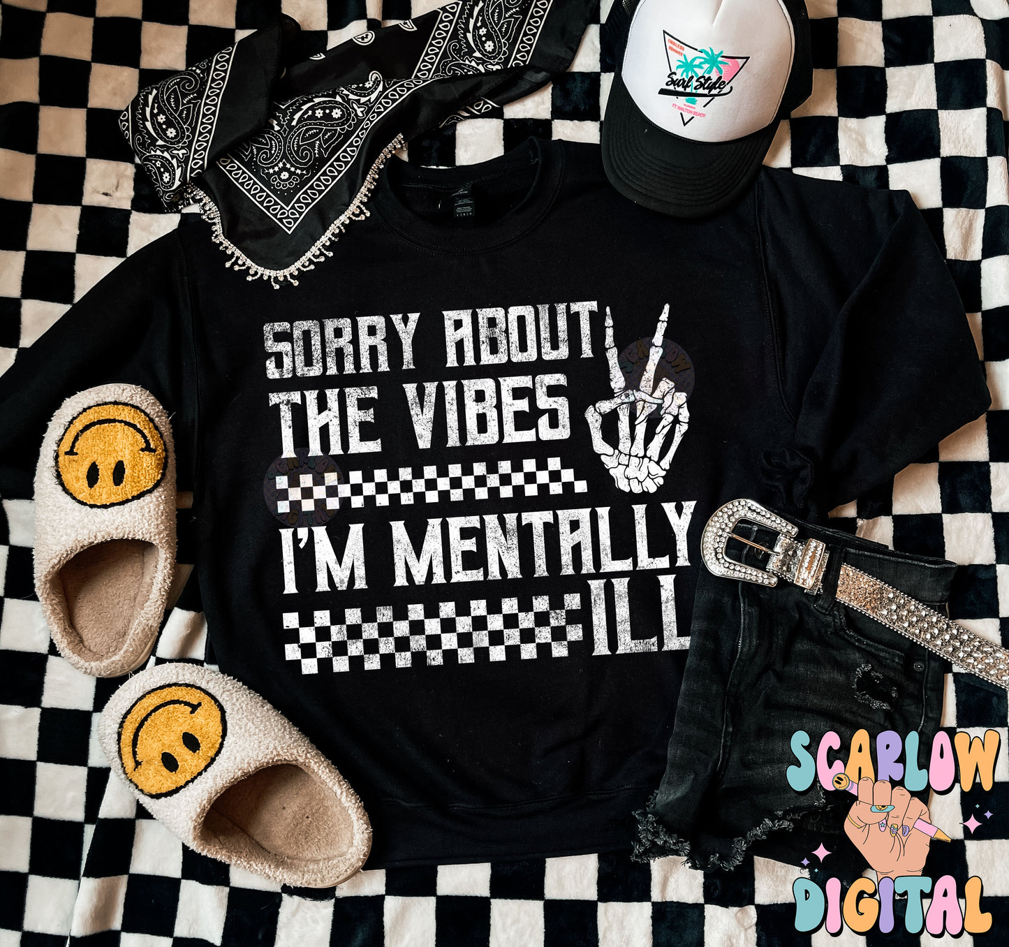 Sorry About The Vibes I'm Mentally Ill PNG Digital Design Download, funny png, mental health png, checkers png, grunge png, adult humor png